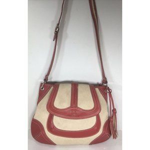 Stone Mountain Beige Canvas Red Leather Shoulder Bag